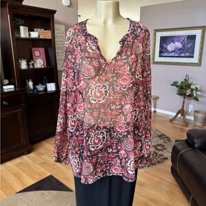 Lucky Brand sheer brownish/red long sleeve Vneck blouse-XL